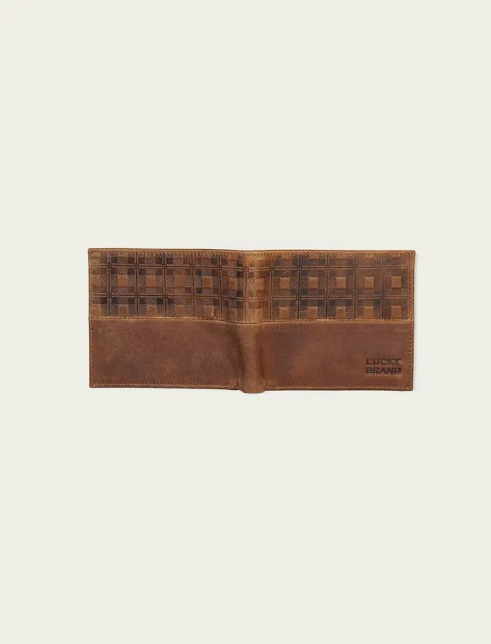 Lucky Brand Bags and Wallets Men Plaid Embossed Leather Bifold Wallet Dark Brown