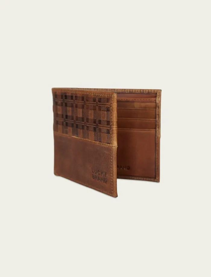 Lucky Brand Bags and Wallets Men Plaid Embossed Leather Bifold Wallet Dark Brown