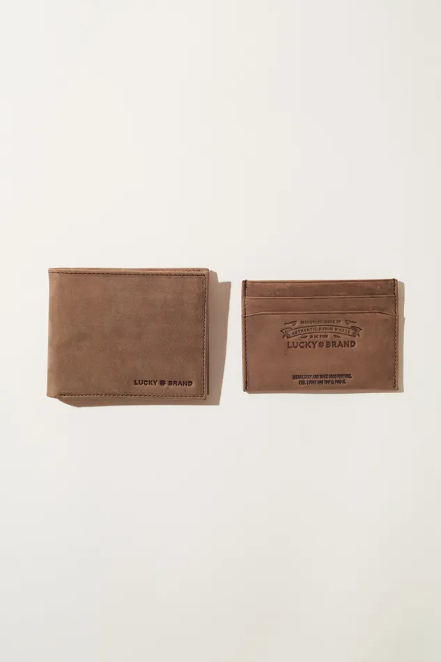 Lucky Brand Bags and Wallets Men Wallet Card Holder And Loop Chain Gift Set Dark Brown