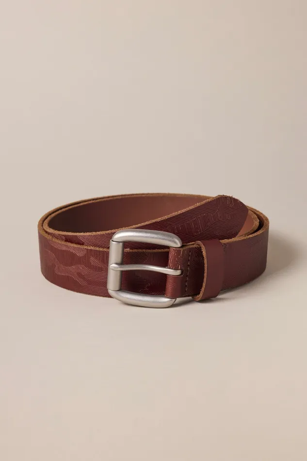 Lucky Brand Belts Men Debossed Camo Pattern Leather Belt Cognac