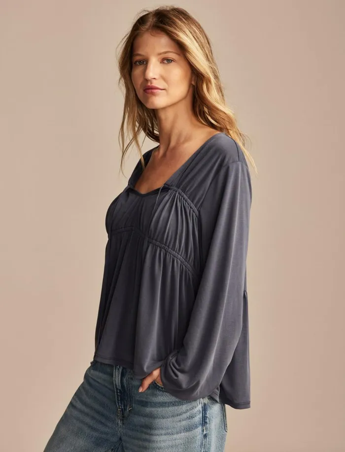 Lucky Brand Blouses Women Shirred Tie Front Sandwash Top Dress Blues