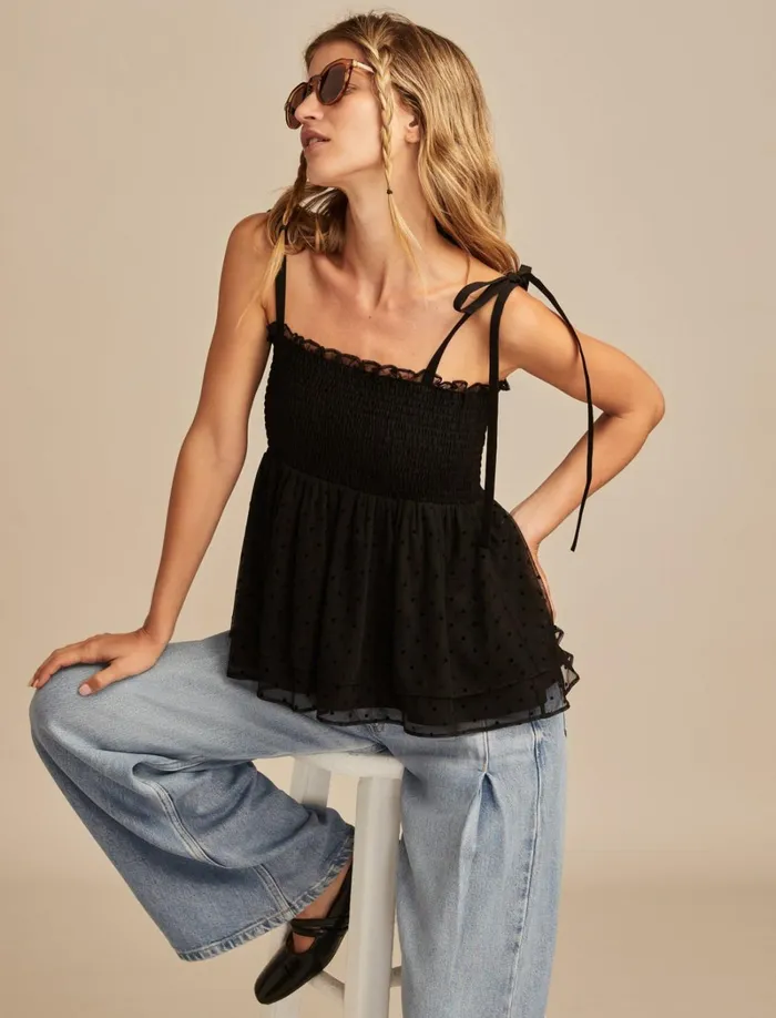 Lucky Brand Blouses Women Smocked Bodice Tie Strap Cami Black Dot