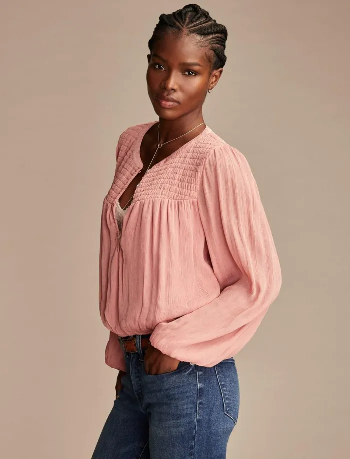 Lucky Brand Blouses Women Smocked Bubble Top Ash Rose