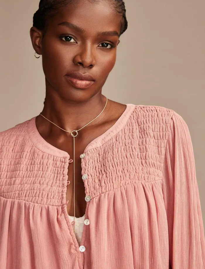 Lucky Brand Blouses Women Smocked Bubble Top Ash Rose