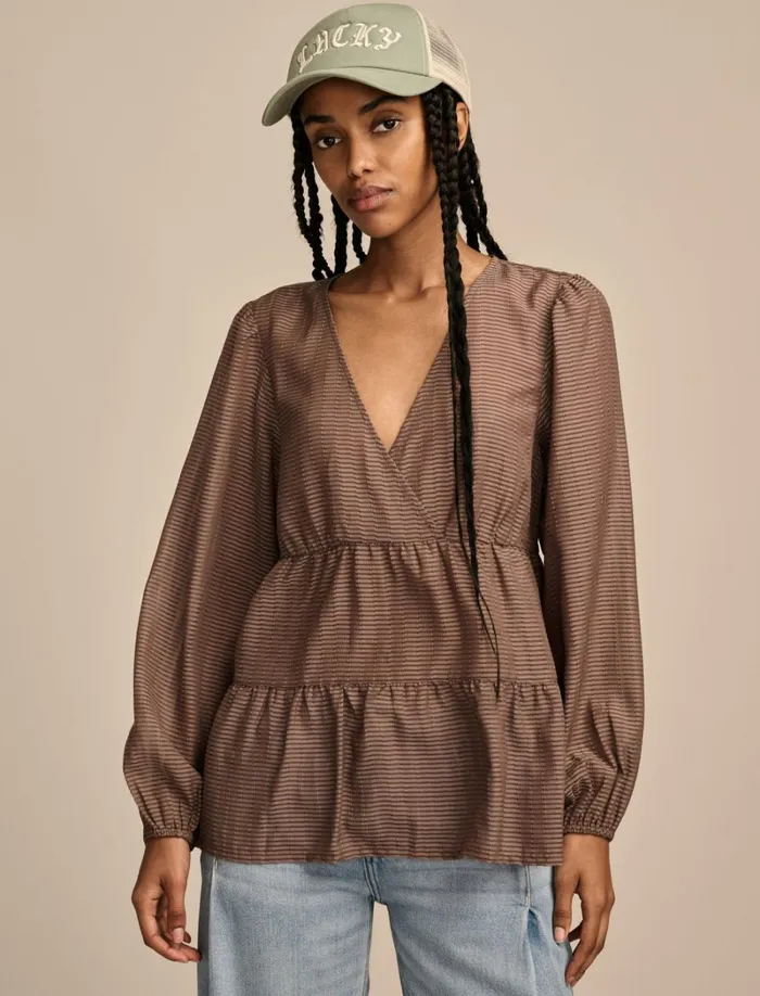 Lucky Brand Blouses Women Striped VNeck Blouse Deep Taupe