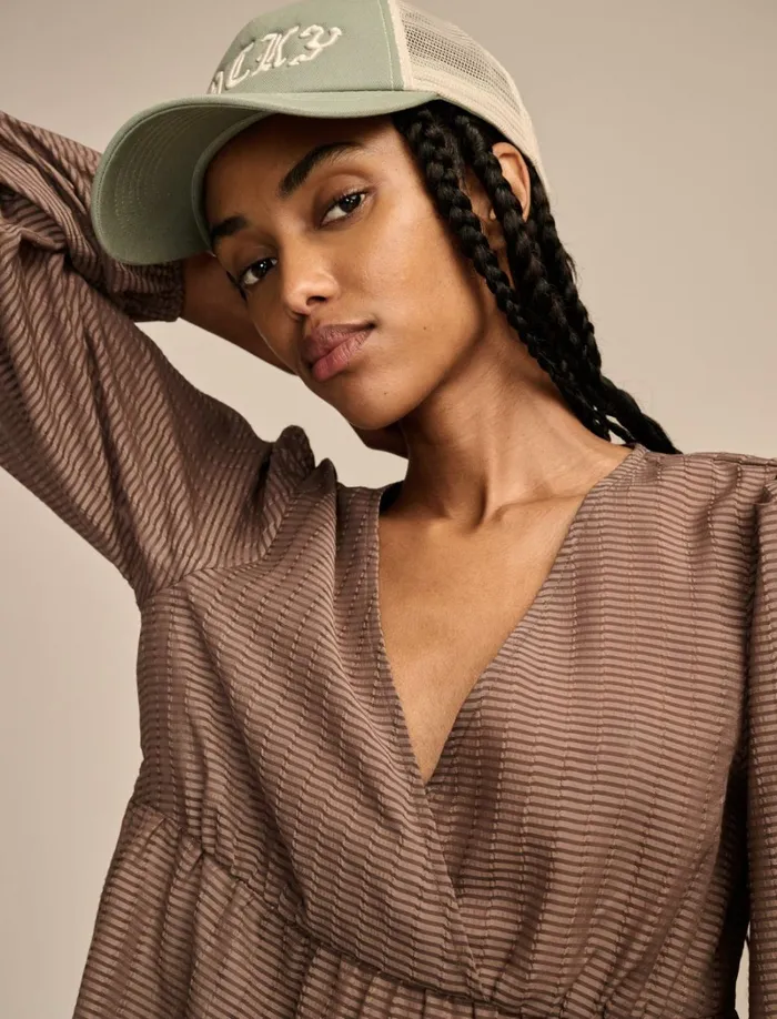 Lucky Brand Blouses Women Striped VNeck Blouse Deep Taupe