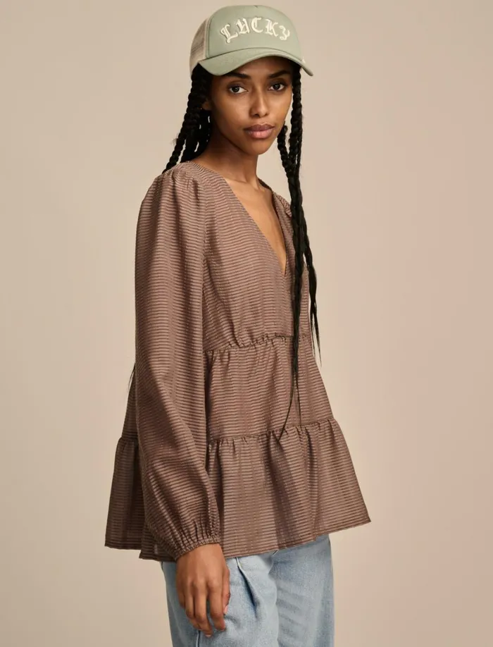 Lucky Brand Blouses Women Striped VNeck Blouse Deep Taupe