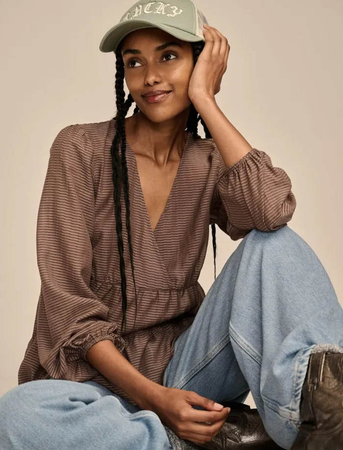 Lucky Brand Blouses Women Striped VNeck Blouse Deep Taupe