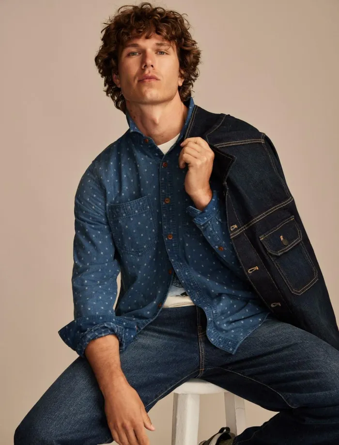 Lucky Brand ButtonDowns Men Double Weave Long Sleeve Utility Shirt 458 Blue