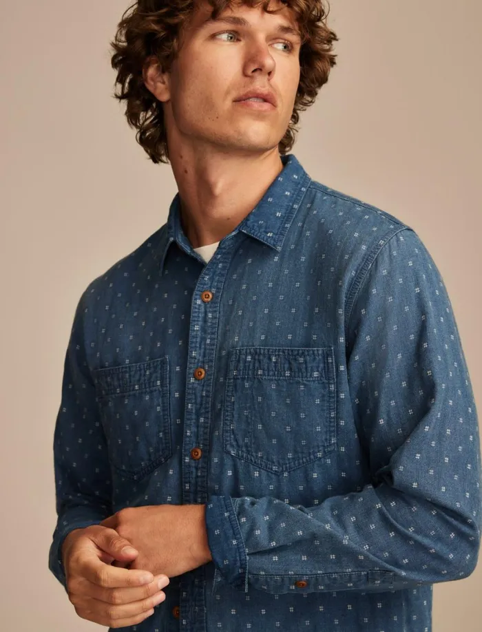 Lucky Brand ButtonDowns Men Double Weave Long Sleeve Utility Shirt 458 Blue
