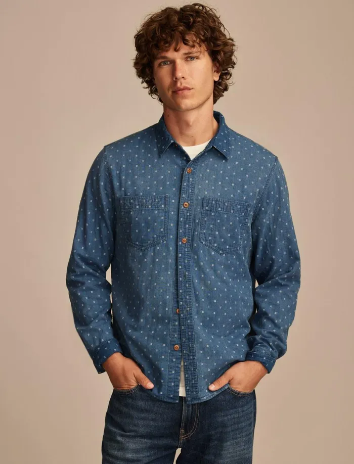 Lucky Brand ButtonDowns Men Double Weave Long Sleeve Utility Shirt 458 Blue
