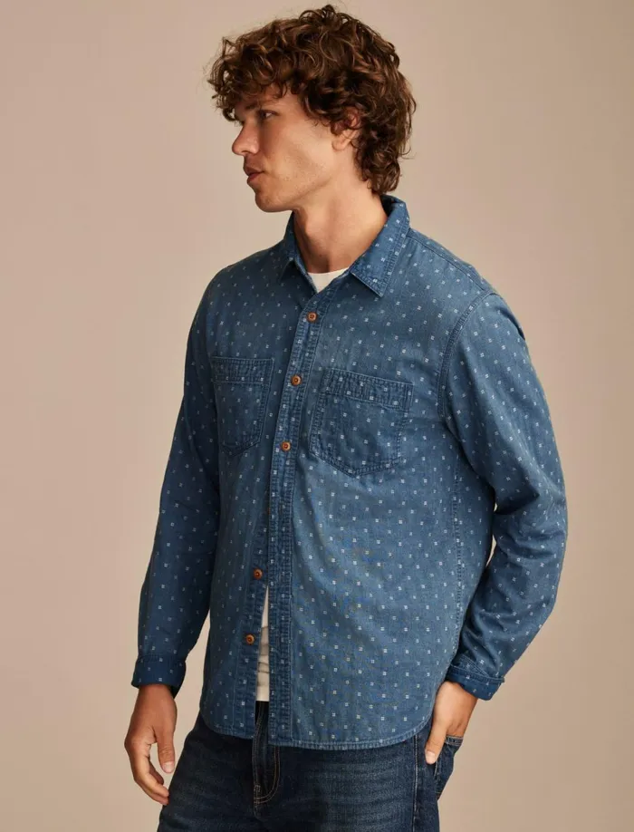 Lucky Brand ButtonDowns Men Double Weave Long Sleeve Utility Shirt 458 Blue