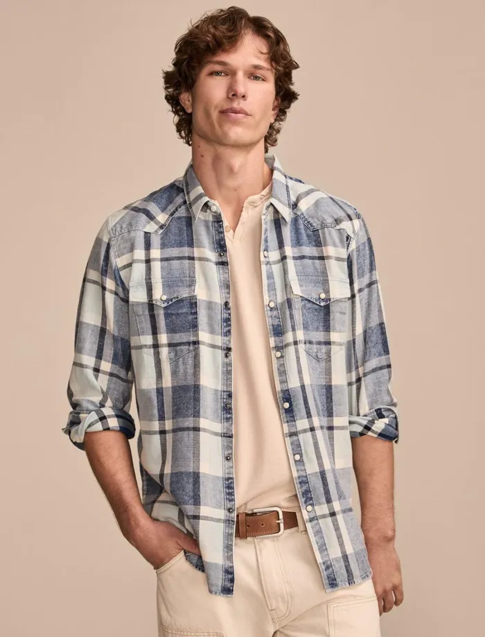 Lucky Brand ButtonDowns Men Indigo Twill Long Sleeve Masa Western Shirt Indigo Plaid