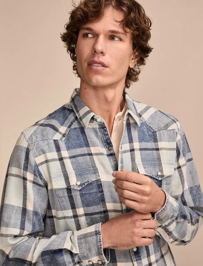 Lucky Brand ButtonDowns Men Indigo Twill Long Sleeve Masa Western Shirt Indigo Plaid