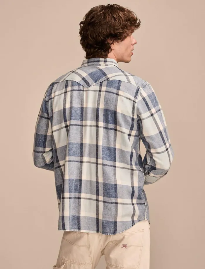 Lucky Brand ButtonDowns Men Indigo Twill Long Sleeve Masa Western Shirt Indigo Plaid