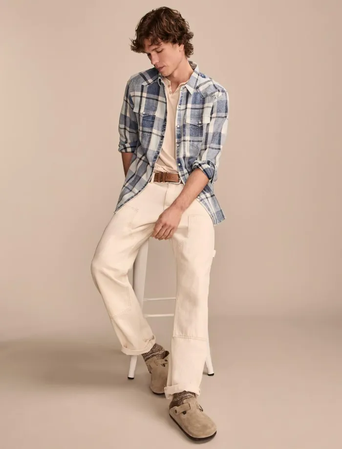 Lucky Brand ButtonDowns Men Indigo Twill Long Sleeve Masa Western Shirt Indigo Plaid