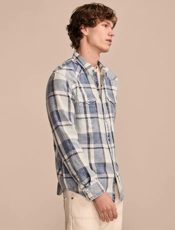 Lucky Brand ButtonDowns Men Indigo Twill Long Sleeve Masa Western Shirt Indigo Plaid