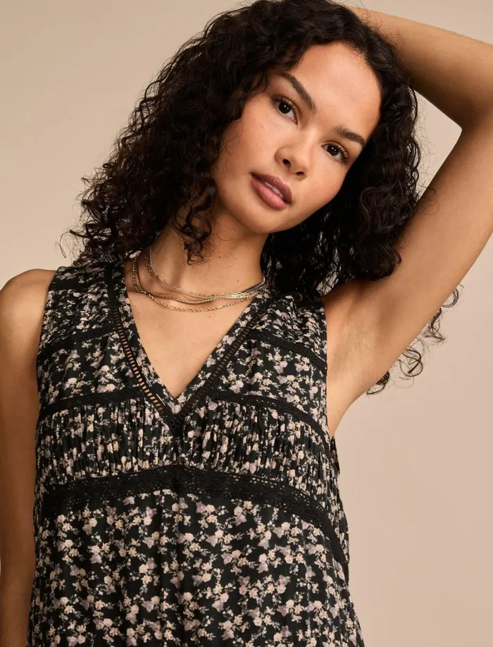Lucky Brand Dresses Women Lace Trimmed Tank Mini Dress Black Ditsy