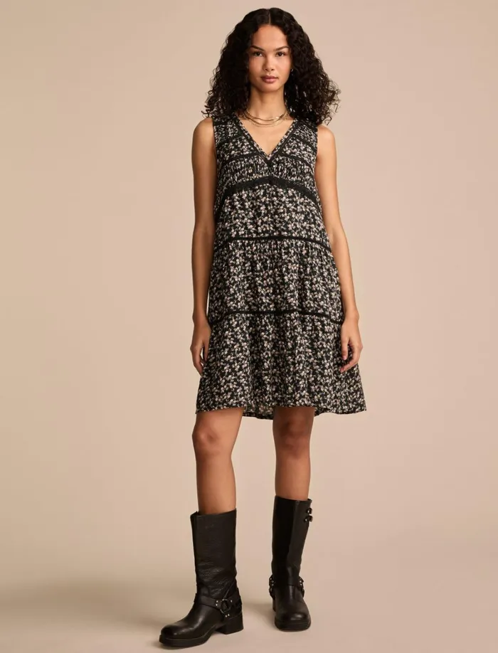 Lucky Brand Dresses Women Lace Trimmed Tank Mini Dress Black Ditsy