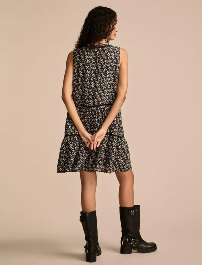 Lucky Brand Dresses Women Lace Trimmed Tank Mini Dress Black Ditsy