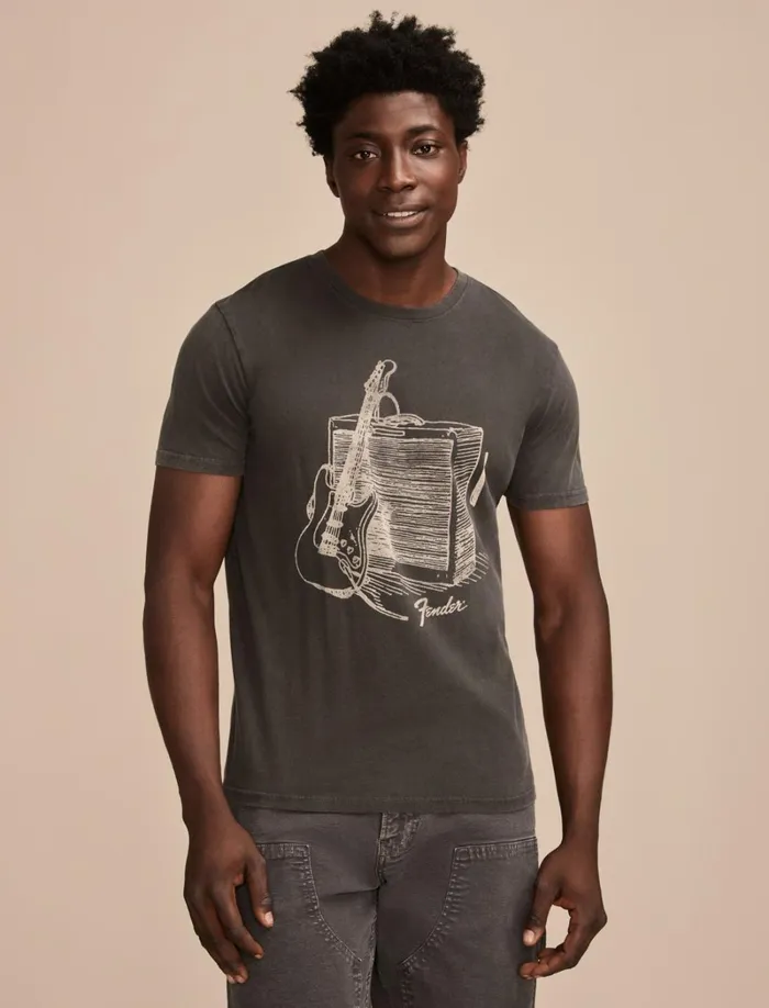 Lucky Brand Graphic Tees Men Fender Strat Drawings Jet Black