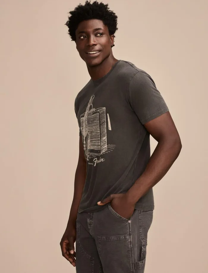 Lucky Brand Graphic Tees Men Fender Strat Drawings Jet Black