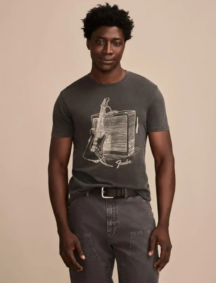 Lucky Brand Graphic Tees Men Fender Strat Drawings Jet Black