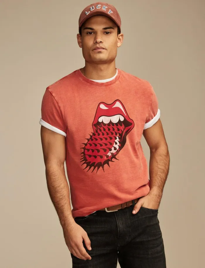 Lucky Brand Graphic Tees Men Rolling Stones Spiked Tongue 6734 Aurora Red