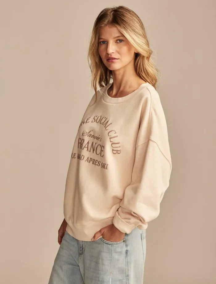 Lucky Brand Graphic Tees Women Alpine Social Club Crew Neck Peach Blush