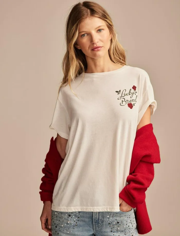 Lucky Brand Graphic Tees Women Lucky Roses Classic Crew Papyrus