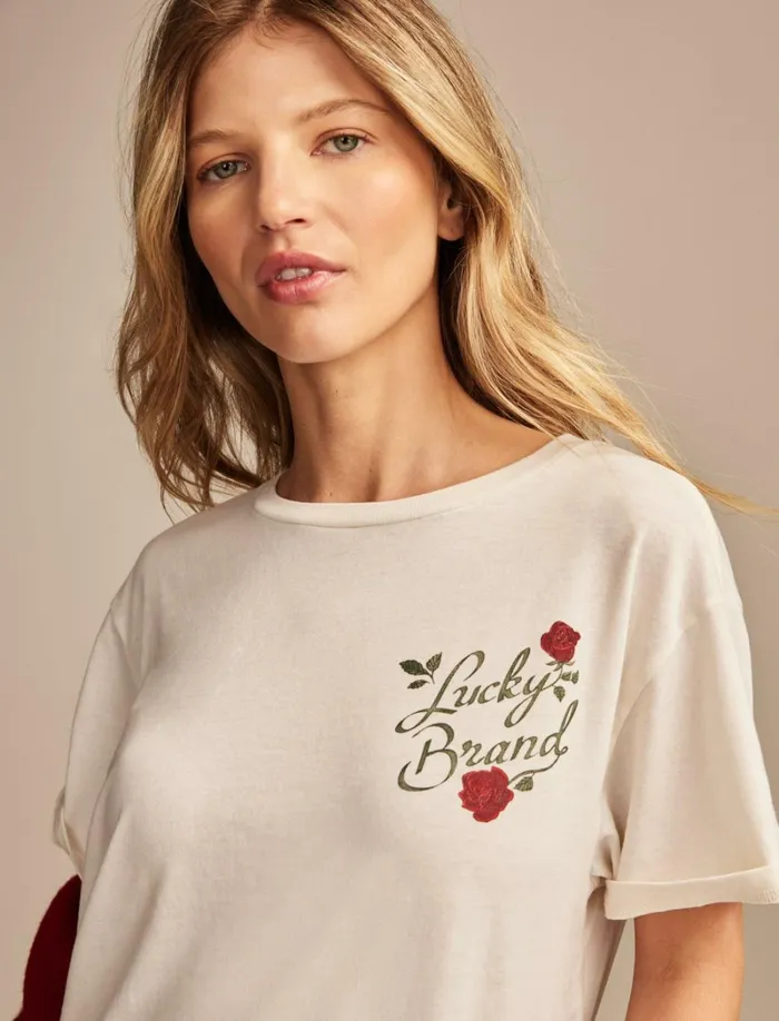 Lucky Brand Graphic Tees Women Lucky Roses Classic Crew Papyrus