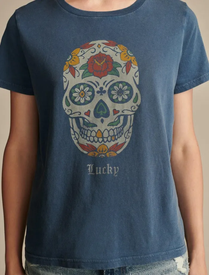 Lucky Brand Graphic Tees Women Lucky Sugar Skull Classic Crew Dark Denim