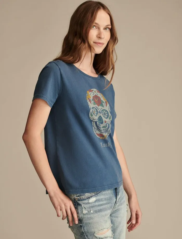 Lucky Brand Graphic Tees Women Lucky Sugar Skull Classic Crew Dark Denim