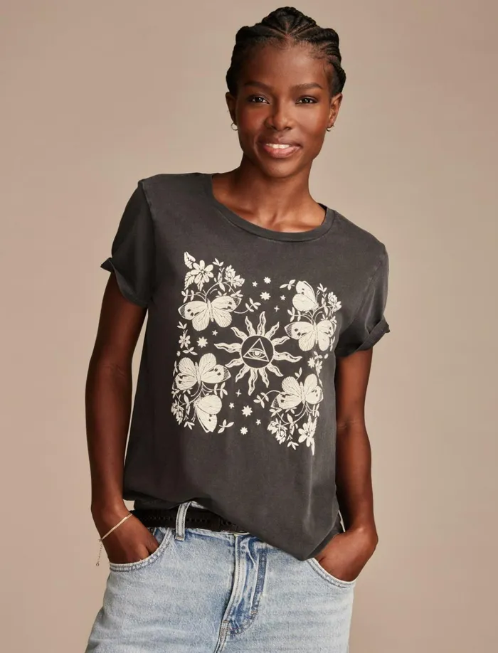 Lucky Brand Graphic Tees Women Mirror Butterfly Sun Classic Crew Caviar