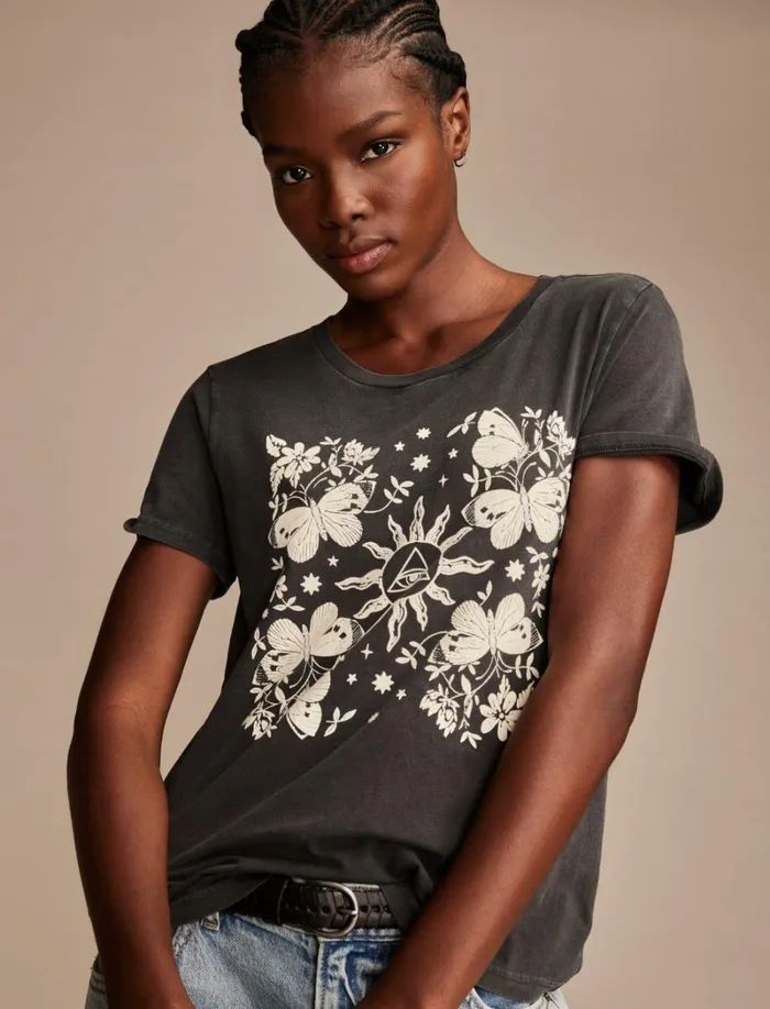 Lucky Brand Graphic Tees Women Mirror Butterfly Sun Classic Crew Caviar