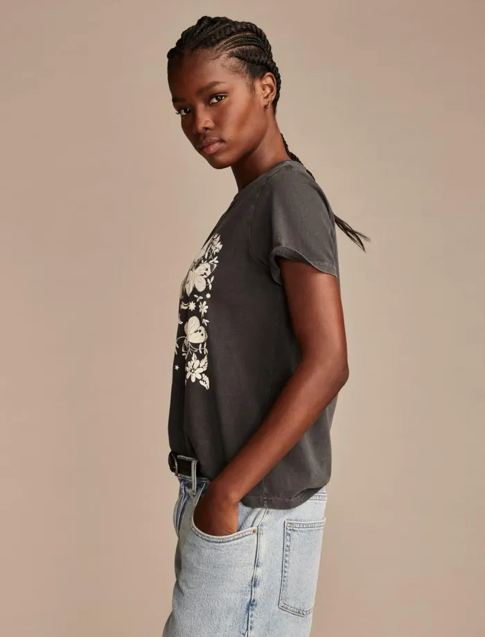 Lucky Brand Graphic Tees Women Mirror Butterfly Sun Classic Crew Caviar
