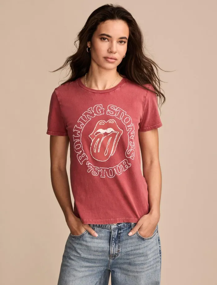 Lucky Brand Graphic Tees Women Rolling Stones 78 Tour Classic Crew Brick Red