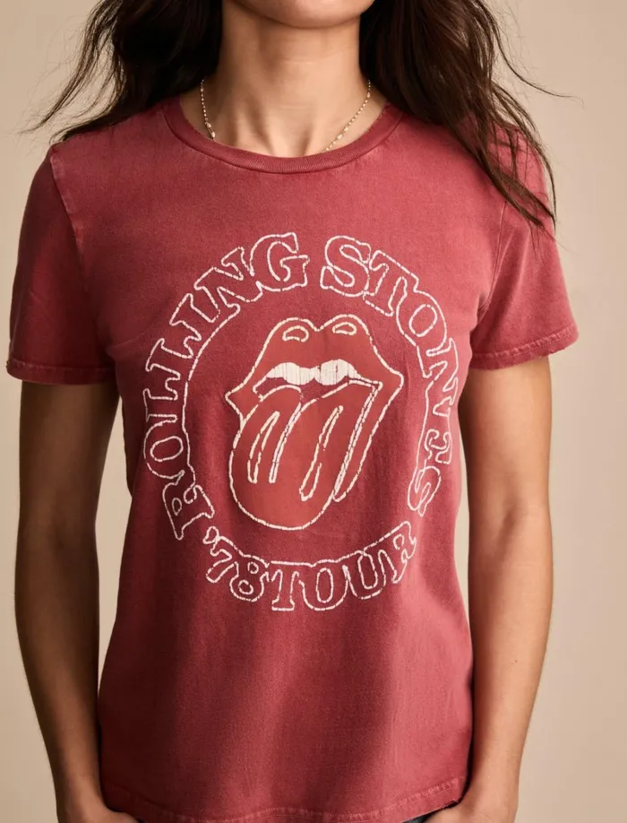 Lucky Brand Graphic Tees Women Rolling Stones 78 Tour Classic Crew Brick Red