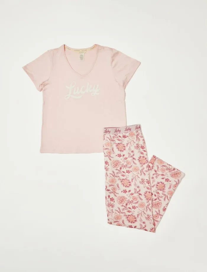 Lucky Brand Intimates and Sleepwear Women Graphic V Neck Tee W Logo Waistband Pant Set Coral Pink