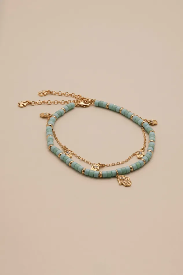 Lucky Brand Jewelry Women Beaded And Celestial Chain Anklet Set Gold