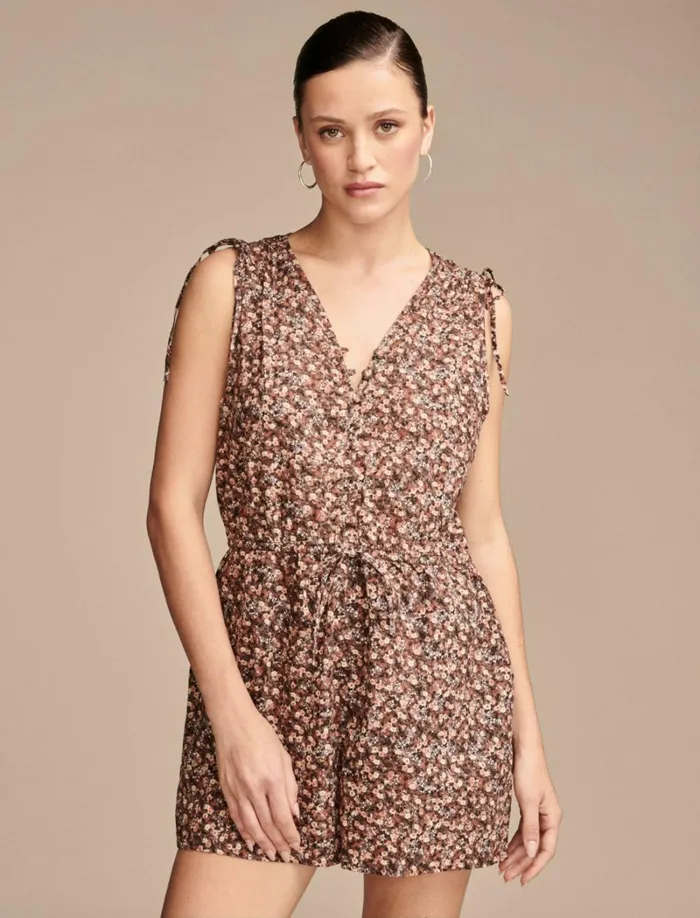 Lucky Brand Jumpsuits and Overalls Women Cinched Floral Romper Peach Whip Multi