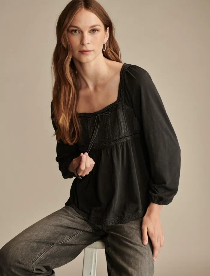 Lucky Brand Knit Tops Women Lace Paneled Tunic Tee Meteorite
