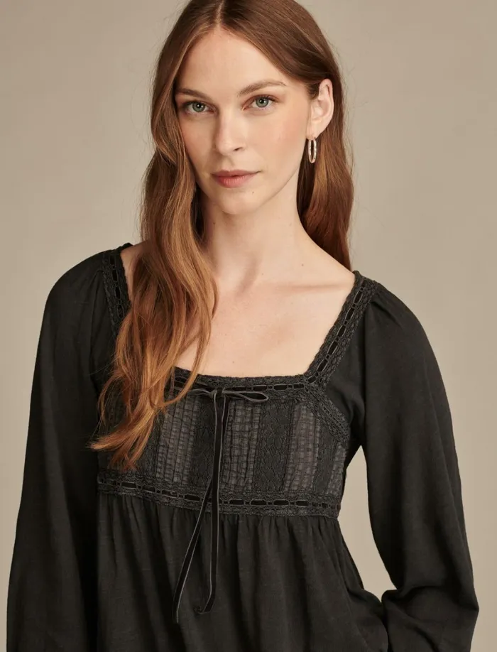 Lucky Brand Knit Tops Women Lace Paneled Tunic Tee Meteorite