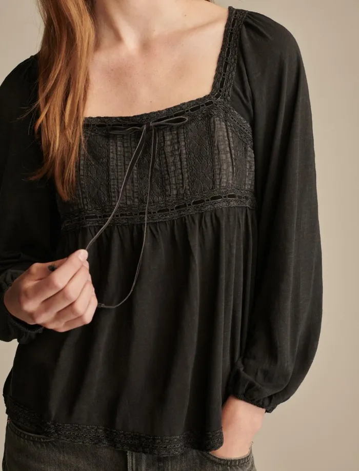 Lucky Brand Knit Tops Women Lace Paneled Tunic Tee Meteorite