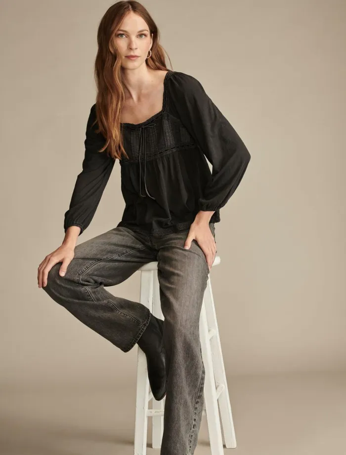 Lucky Brand Knit Tops Women Lace Paneled Tunic Tee Meteorite