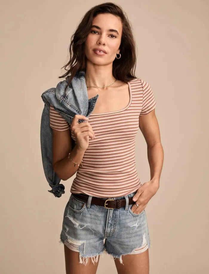 Lucky Brand Knit Tops Women Short Sleeve Square Neck Tee Neutral Combo