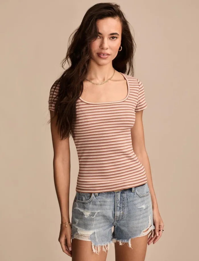 Lucky Brand Knit Tops Women Short Sleeve Square Neck Tee Neutral Combo