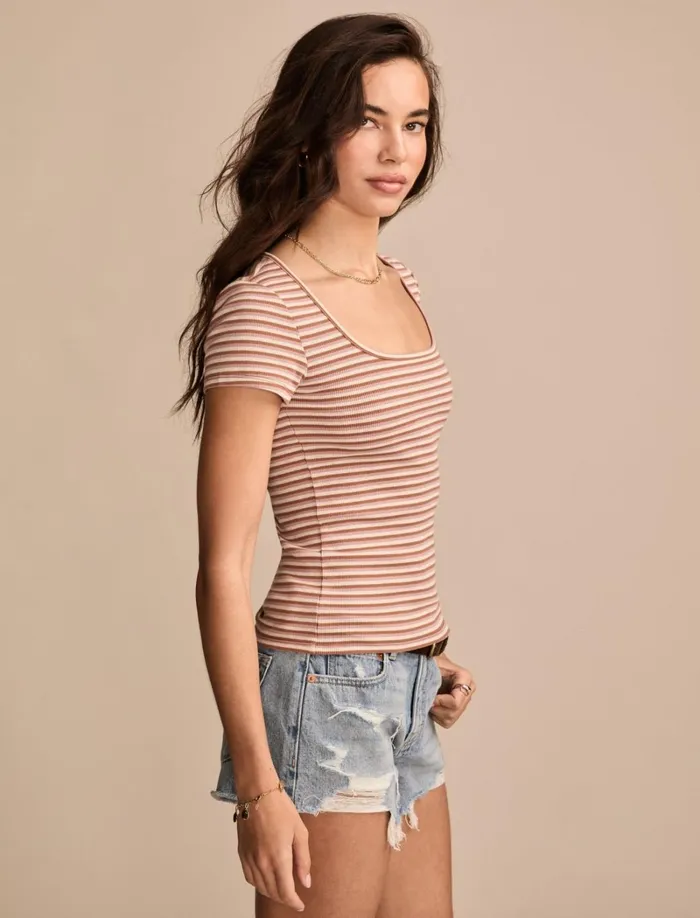 Lucky Brand Knit Tops Women Short Sleeve Square Neck Tee Neutral Combo