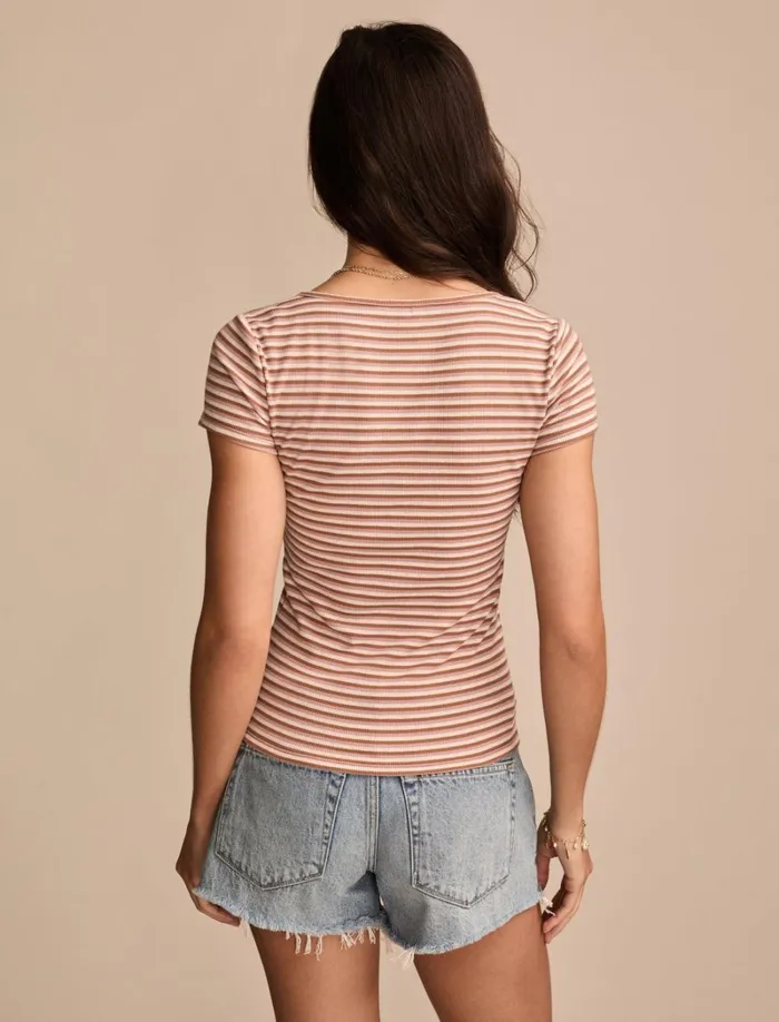 Lucky Brand Knit Tops Women Short Sleeve Square Neck Tee Neutral Combo