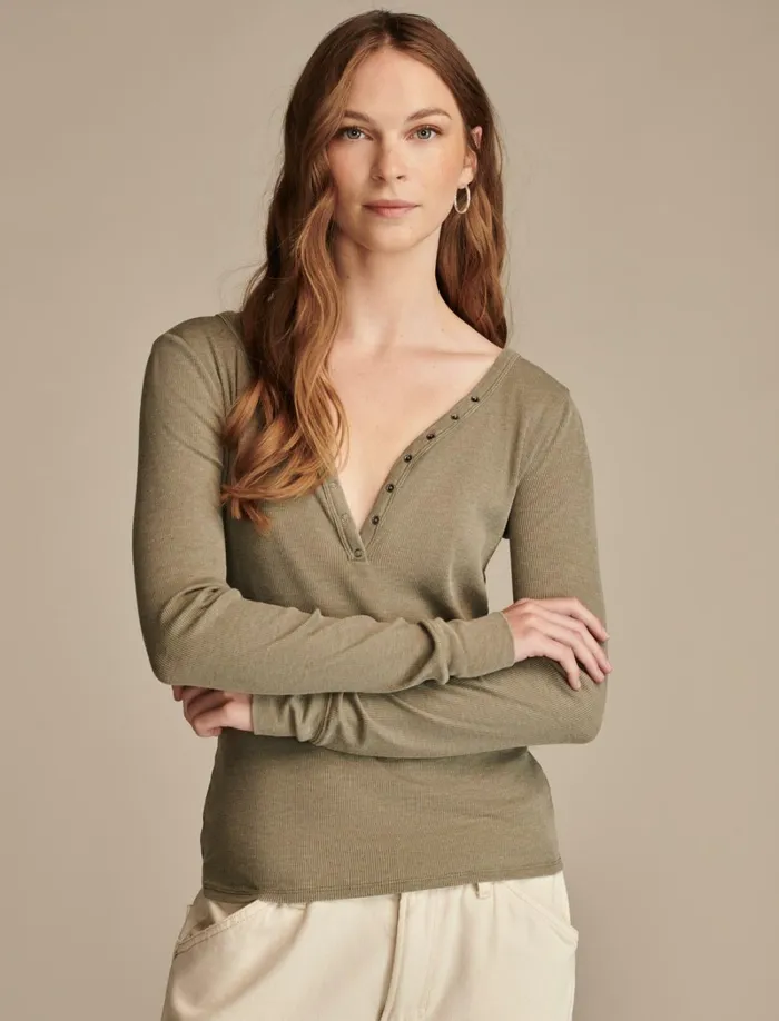 Lucky Brand Knit Tops Women Snap Henley Dusty Olive